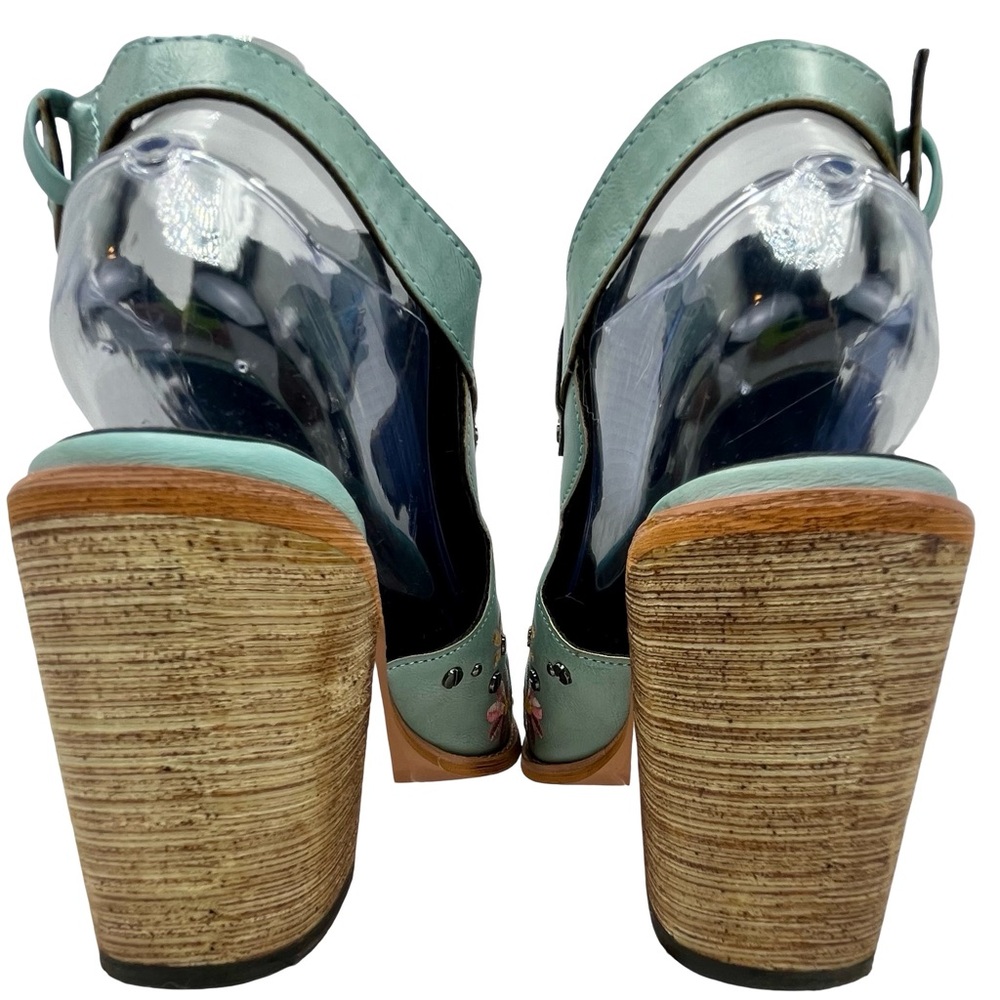 Blue Green Heeled Boots with Floral Embroidery - Picture 4 of 7
